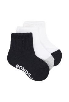 Bonds Baby Cushioned Quarter Crew 3 Pack Assorted Black