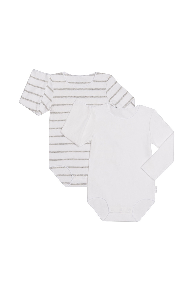 BONDS Rib Long Sleeve Bodysuit 2 Pack | BX47A | White & Grey Stripe & White