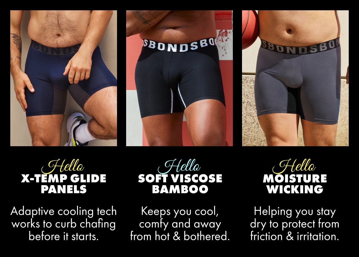 Hello X-Temp Glide Panels, adaptive cooling tech works to curb chafing before it starts. Hello soft viscose bamboo. Keeps you cool, comfy and away from hot & bothered. Hello moisture wicking. Helping you stay dry to protect from friction and irritation.