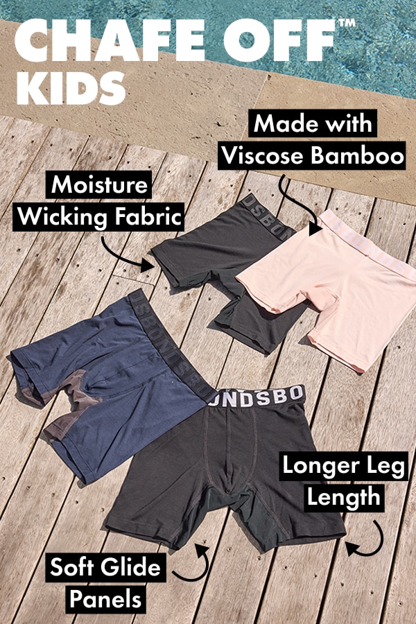 Chafe off kids. Moisture wicking fabric. Made with viscose bamboo. Longer leg length. Soft glide panels.