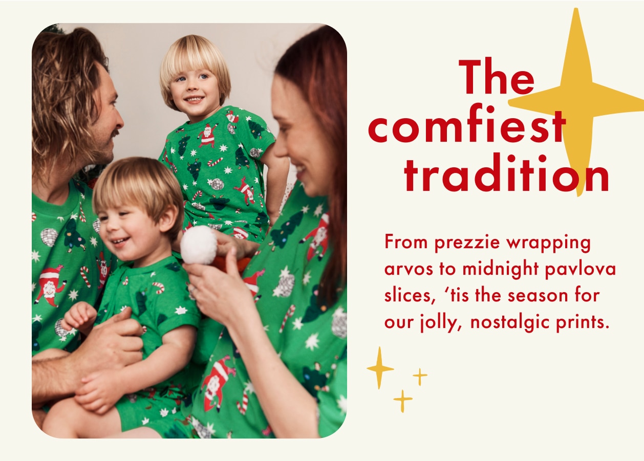 The comfiest tradition. From prezzie wrapping arvos to midnight pavlova slices, 'tis the season for our jolly, nostalgic prints.