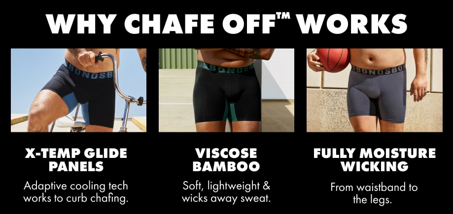 Why chafe off works. Hello X-temp glide panels. Adaptive cooling tech works to curb chafing. Hello viscose bamboo. Soft, lightweight and wicks away sweat. Hello fully moisture wicking. From waistband to the legs.