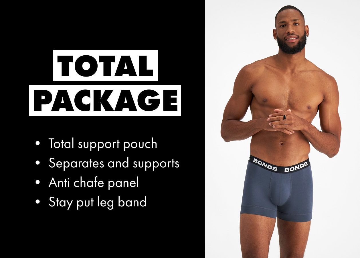 Total Package. Total support pouch. Separates and supports. Anti chafe panel. Stay put leg band.