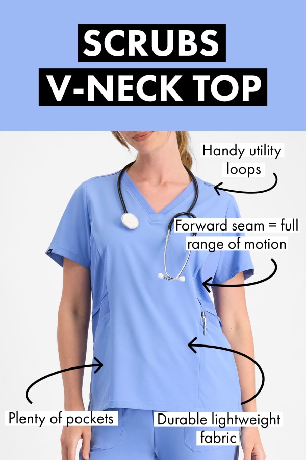 Scrubs V-Neck Top. Handy utility loops. Forward seam = full range of motion. Ribbed side panels. Plenty of pockets. Durable lightweight fabric.