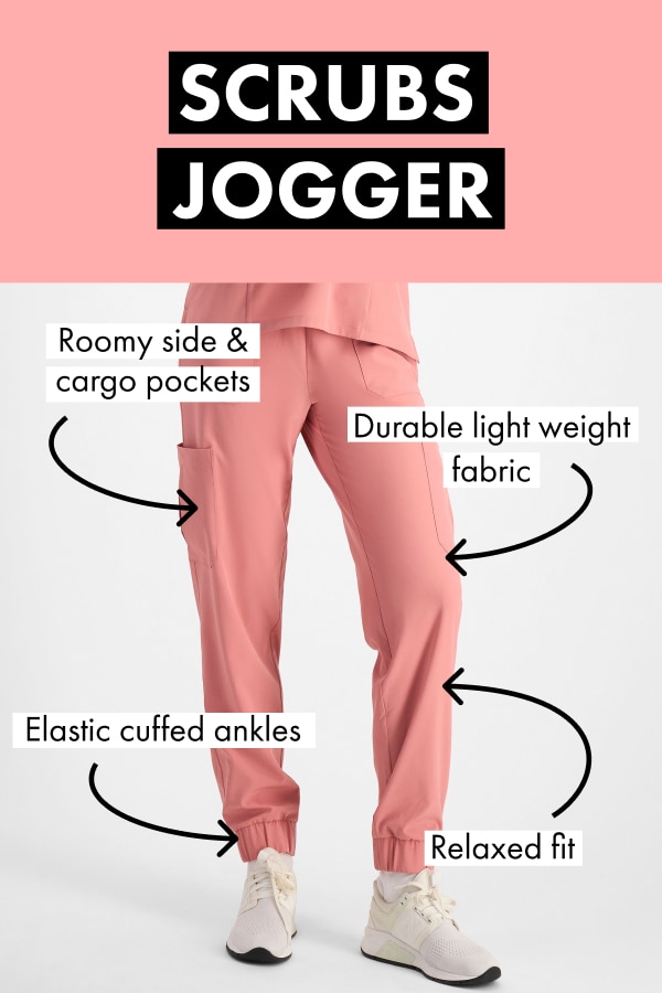 Scrubs Jogger. Roomy side and cargo pockets. Durable lightweight fabric. Elastic cuffed ankles. Relaxed fit.