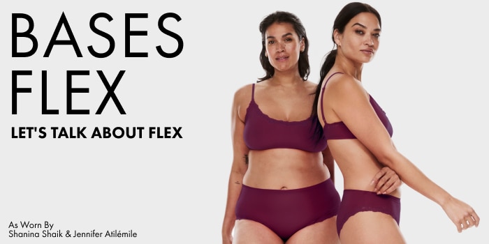 Bases Flex. Let's Talk About Flex. As Worn By Shanina Shaik and Jennifer Atilemile.