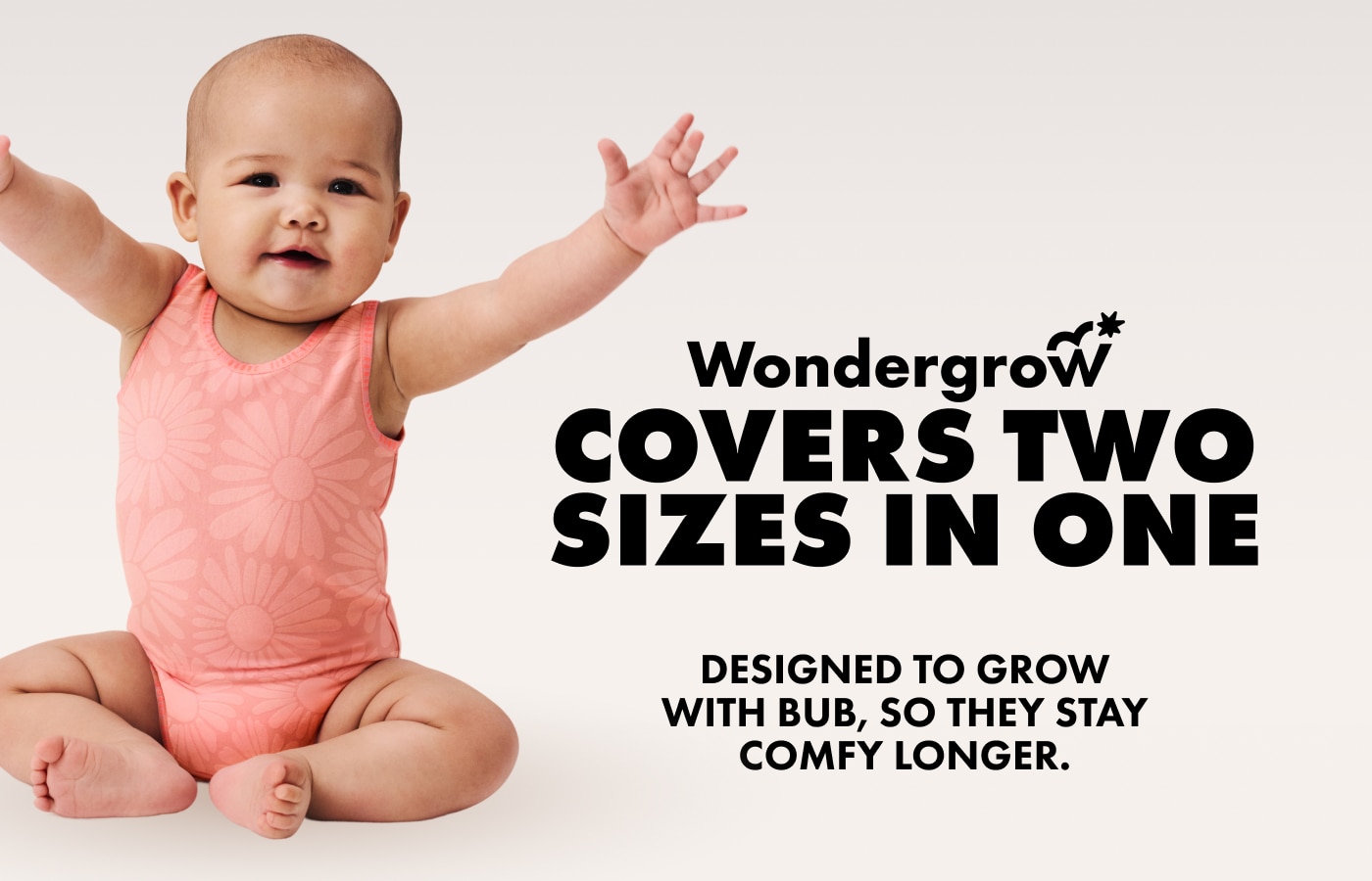 Wondergrow. COVERS TWO SIZES IN ONE. DESIGNED TO GROW WITH BUB, SO THEY STAY COMFY LONGER.