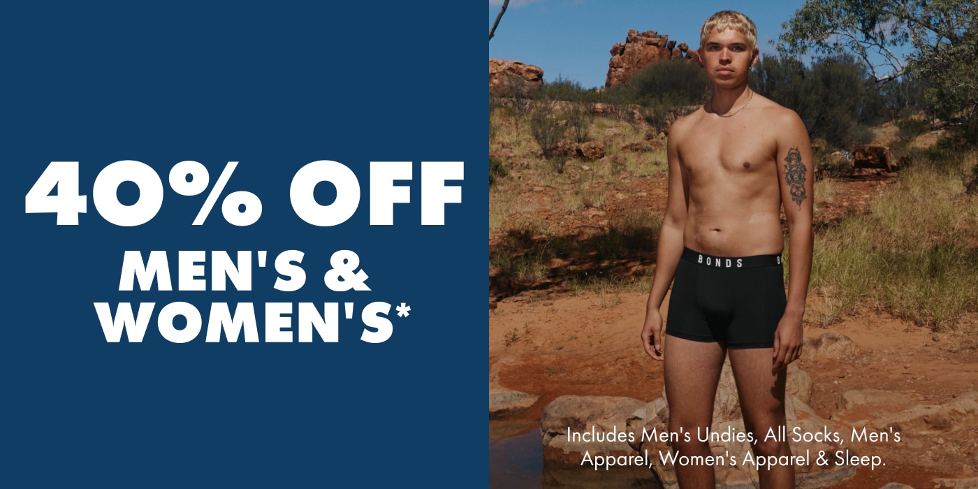 40% Off Mens & Womens. Includes Mens undies, All Socks, Mens Apparel, Women's Apparel & Sleep